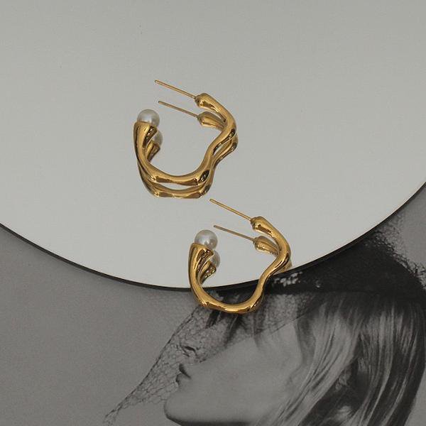 Minimalistische Wellen-Ohrringe mit Perle – 18K vergoldeter Edelstahl