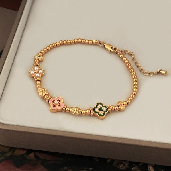 Vintage-Kleeblatt-Armband mit Emaille – Glücksbringer im eleganten Design