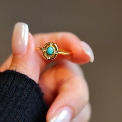 Verstellbarer Goldring mit echtem Türkis und Zirkonia – Eleganz trifft Heilstein - verstellbar