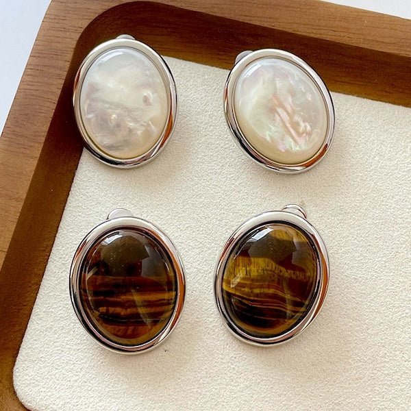 Ovale Ohrstecker mit Tigerauge & Perlmutt – Zeitlose Eleganz in natürlicher Harmonie