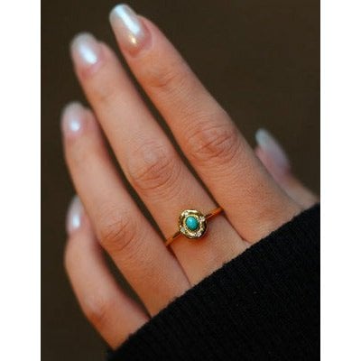 Verstellbarer Goldring mit echtem Türkis und Zirkonia – Eleganz trifft Heilstein - verstellbar