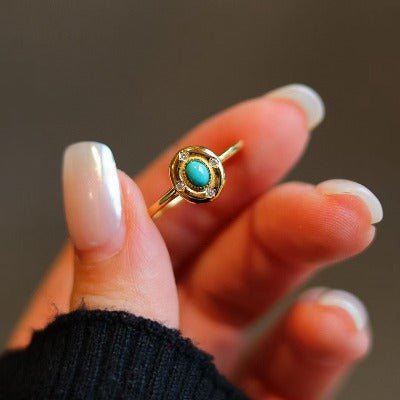Verstellbarer Goldring mit echtem Türkis und Zirkonia – Eleganz trifft Heilstein - verstellbar